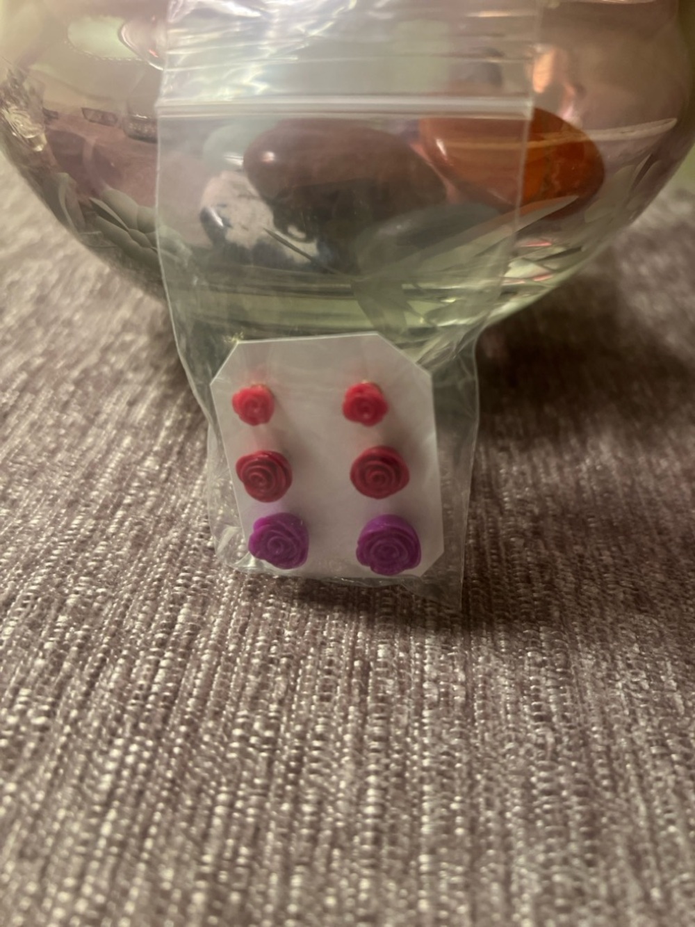 Hand Crafted Set of 3 Pairs Rose Stud Earrings - Pink, Magenta, Purple